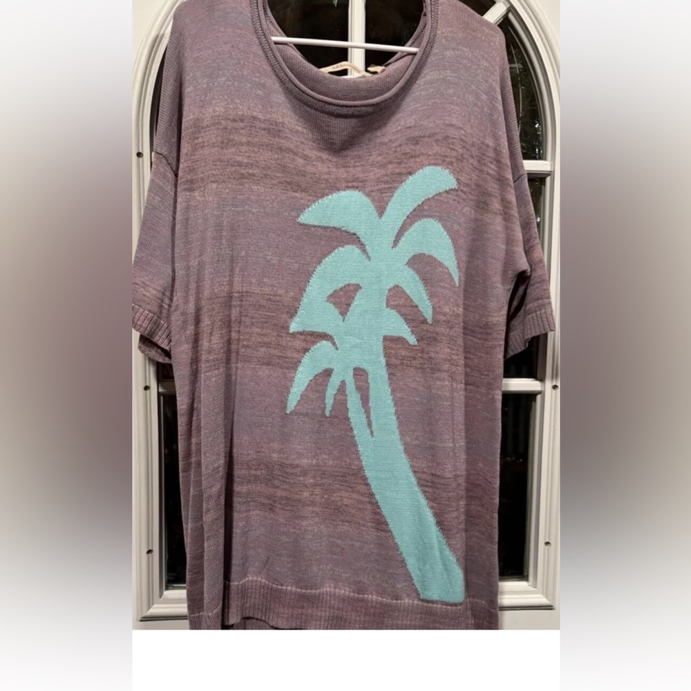 Soft Surroundings Women L Oversized Sweater Short Sleeve Graphic Teal Palm Tree